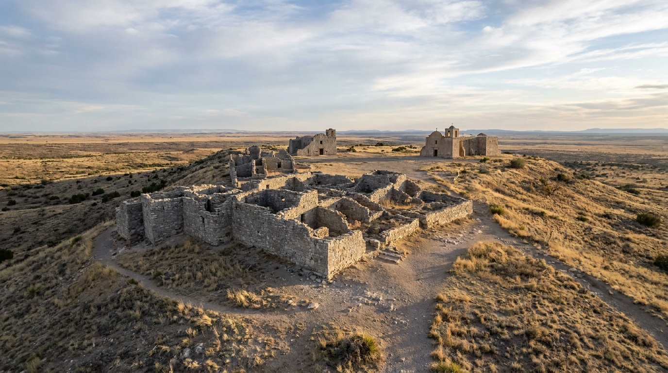 The Gran Quivira site, sprawling gray limestone pueblo mounds and two mission church ruins on an open ridge, vast empty high-plains landscape, big sky