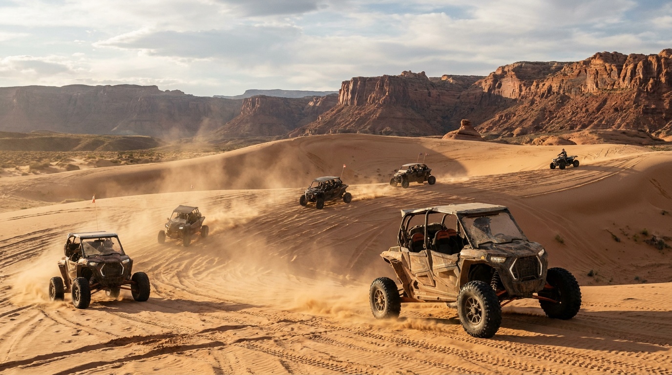 Off-highway vehicles riding the tan sand dunes of Sand Mountain at Sand Hollow, red rock cliffs in the distance, dust and sun