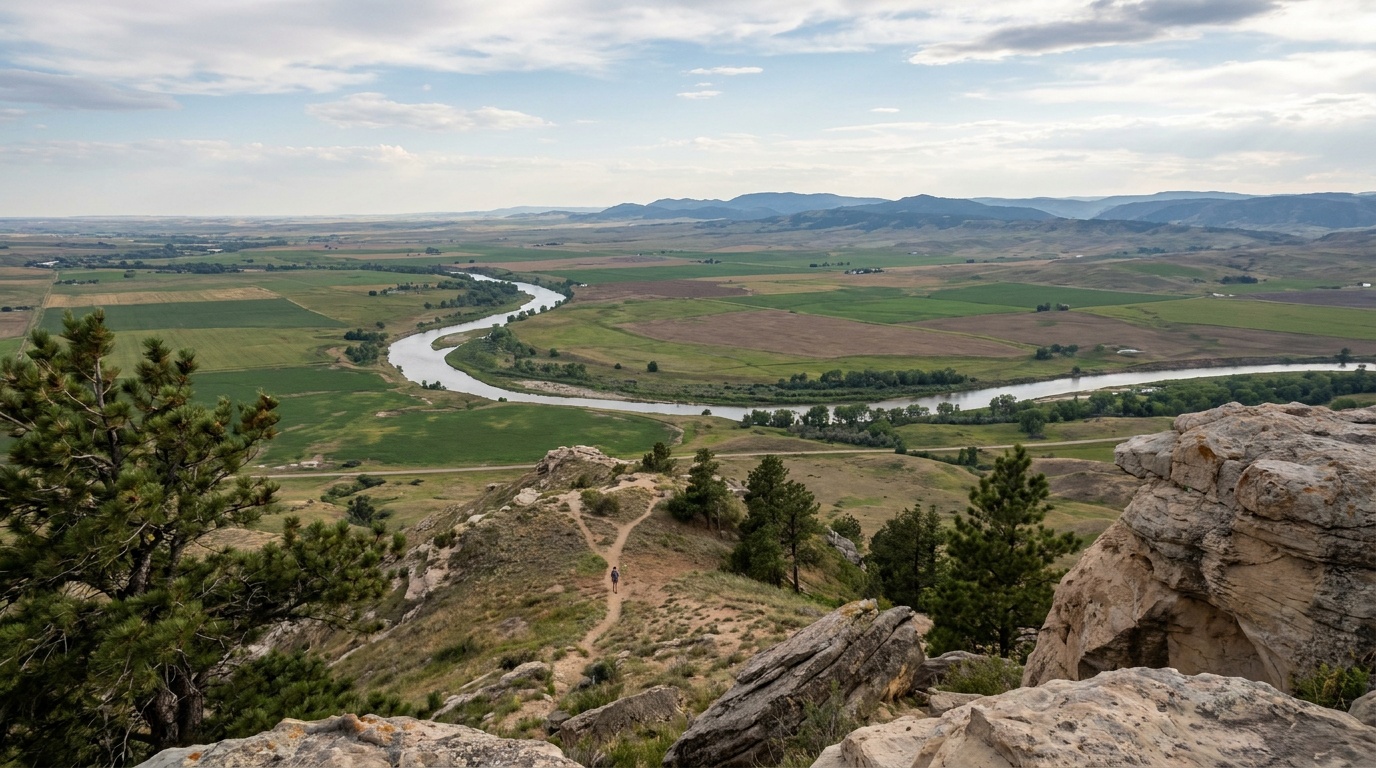 Panoramic summit view from atop Scotts Bluff over the green North Platte valley and distant Wildcat Hills, vast plains stretching to the horizon