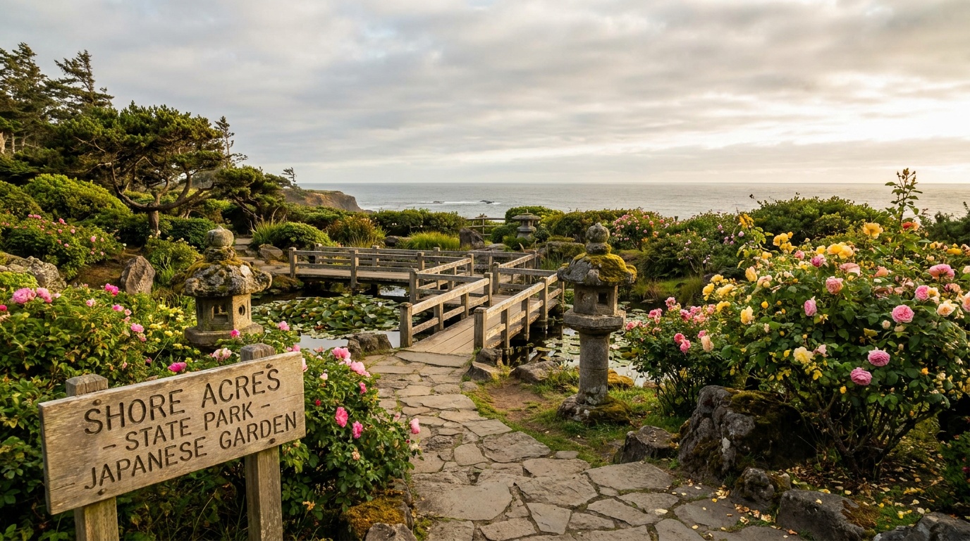 A Japanese-style garden section with a tranquil lily pond, stone lanterns, and blooming roses on the Shore Acres bluff, soft afternoon light