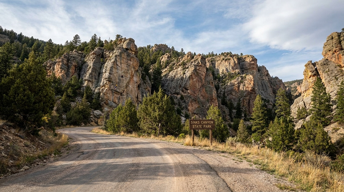 Rock climbing cliffs and the upper canyon road in Sinks Canyon