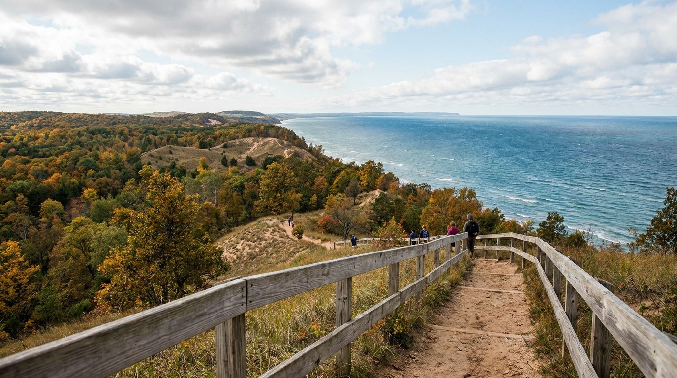 View from Empire Bluff Trail over forested dunes and Lake Michigan