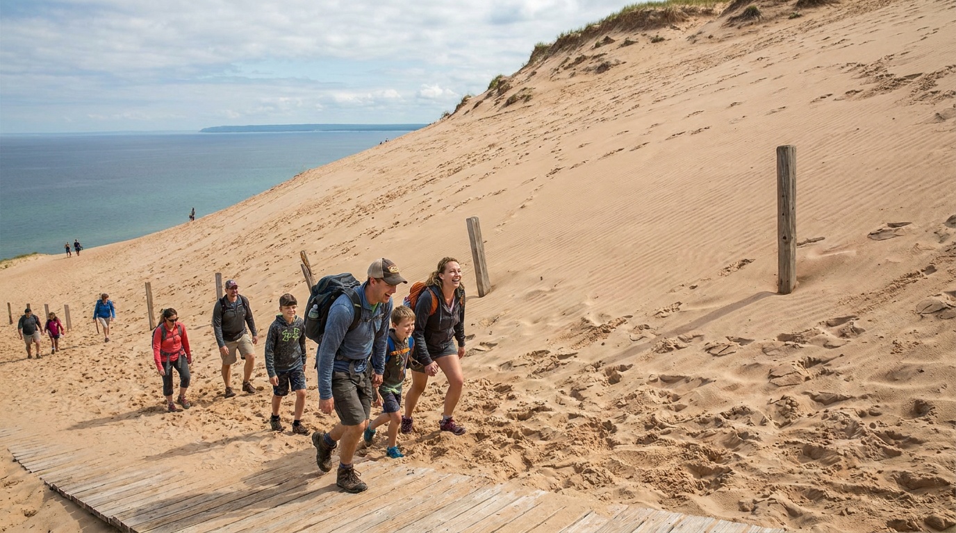 Visitors climbing the steep sand wall of the Dune Climb