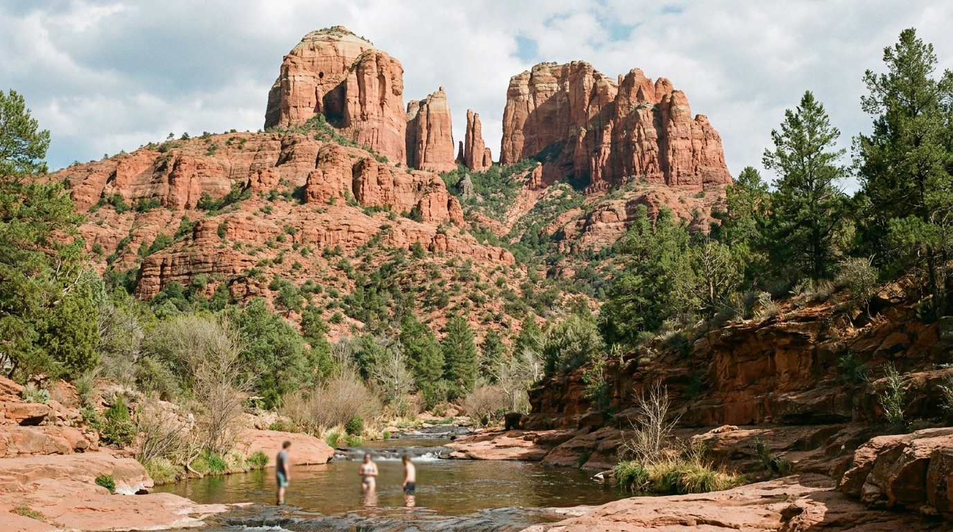 Red rock walls of Oak Creek Canyon above the swimming area
