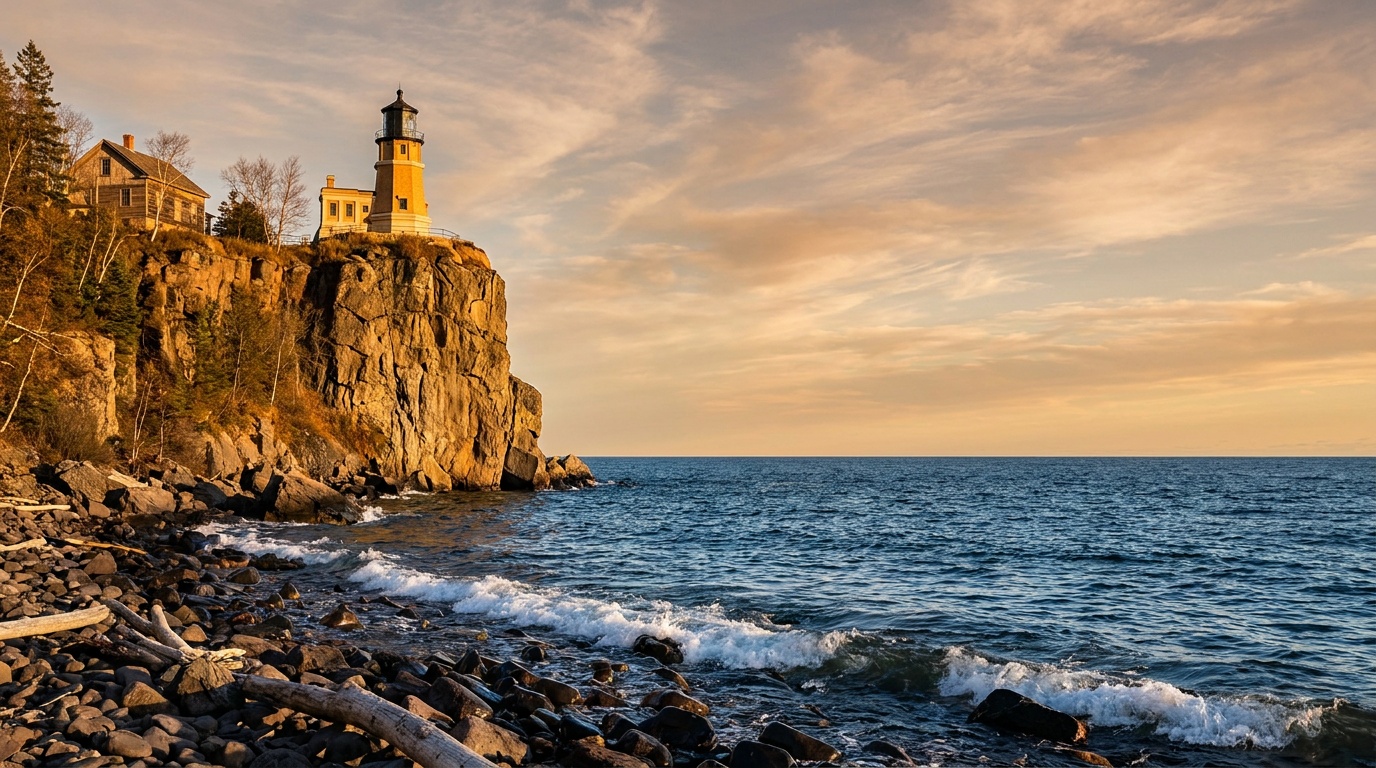 The Split Rock Lighthouse perched on a sheer cliff high above Lake Superior, seen from the shoreline below at golden hour with the vast blue lake stretching to the horizon.