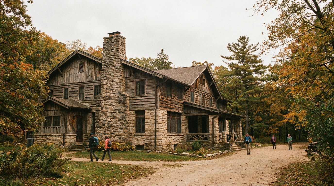 The historic CCC-built Starved Rock Lodge exterior