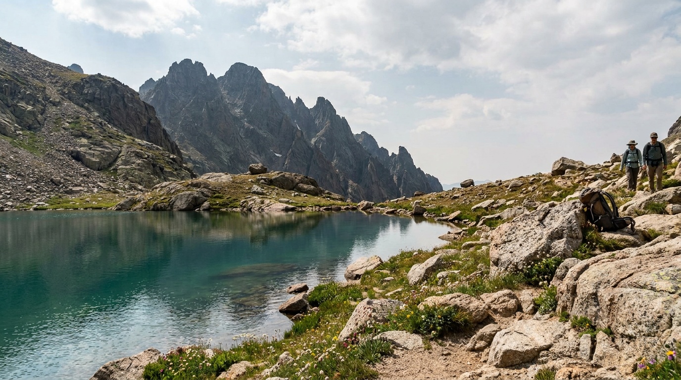 The striking alpine Lake Agnes beneath the jagged Nokhu Crags at State Forest State Park, clear teal water, rocky shoreline, summer sky