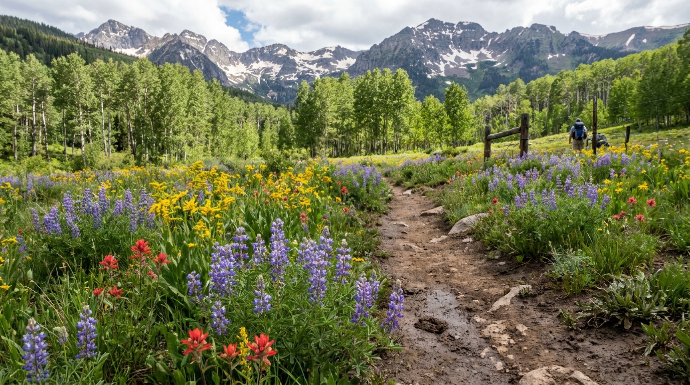 A high mountain meadow trail at State Forest State Park with wildflowers, aspen groves, and snow-streaked peaks in the distance