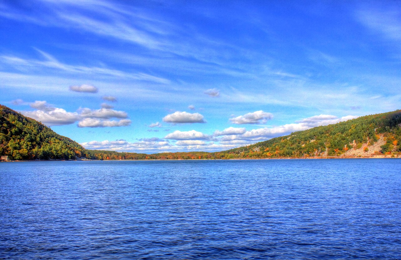 A long view over Devil's Lake from the wooded bluff
