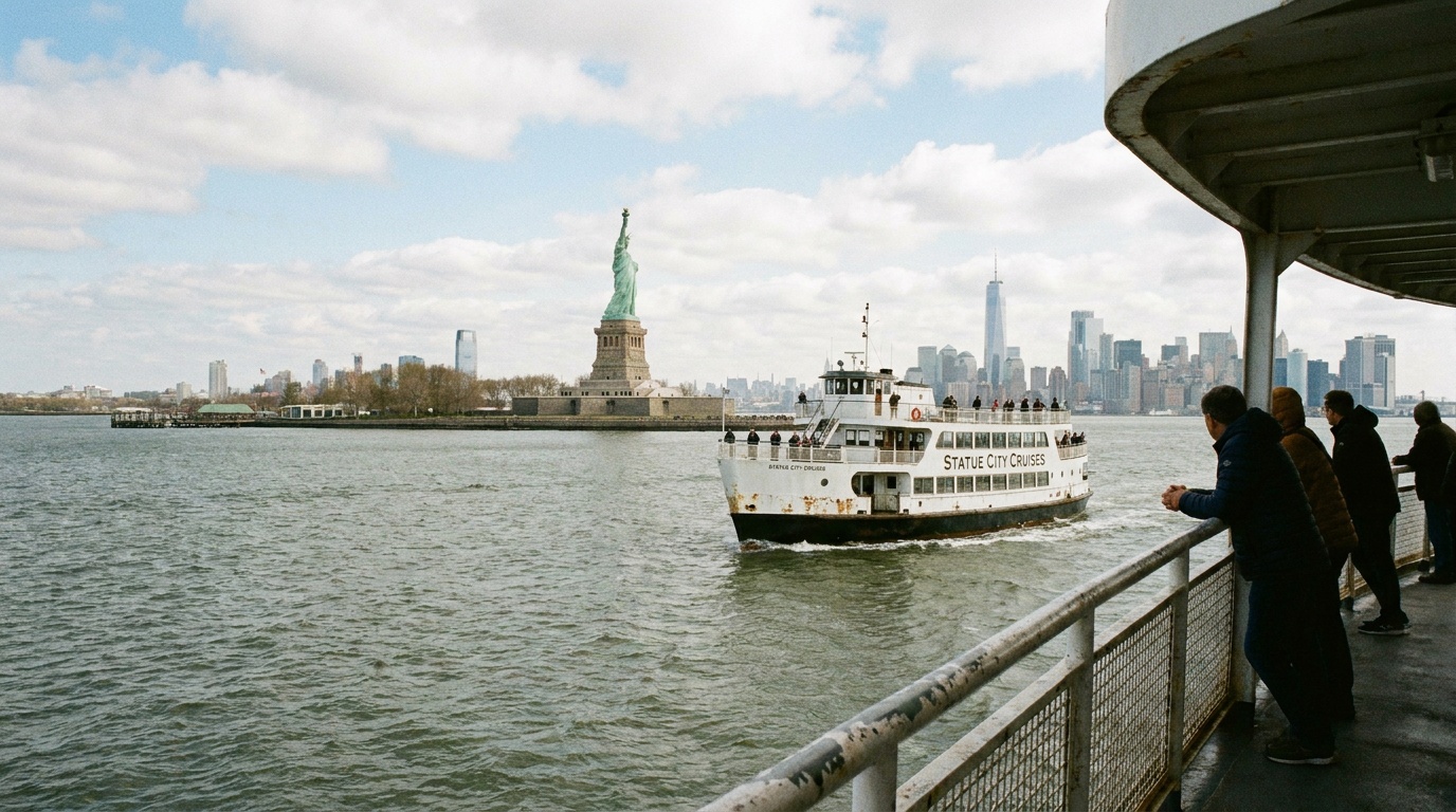 A Statue City Cruises ferry crossing New York harbor toward Liberty Island, the statue and Manhattan skyline behind it
