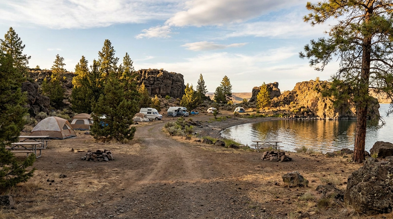 Banks Lake shoreline and campground below the rock