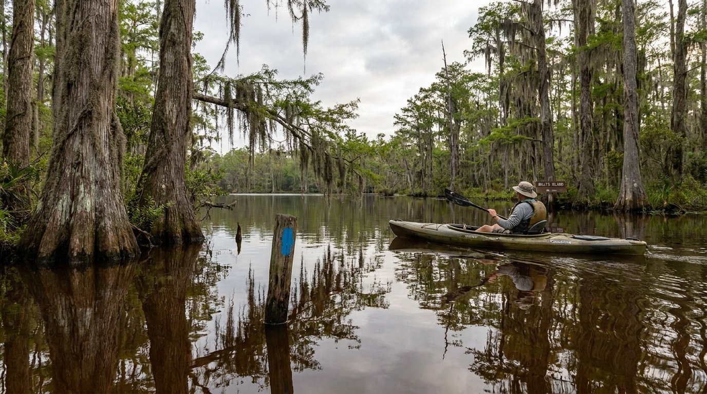 A kayaker paddling a marked water trail through the Okefenokee Swamp toward Billy's Island, mirror-still tea-colored water, mossy cypress