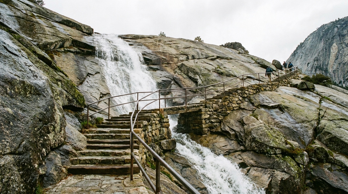 Stone Mountain Falls sliding down open granite with the trail stairs alongside