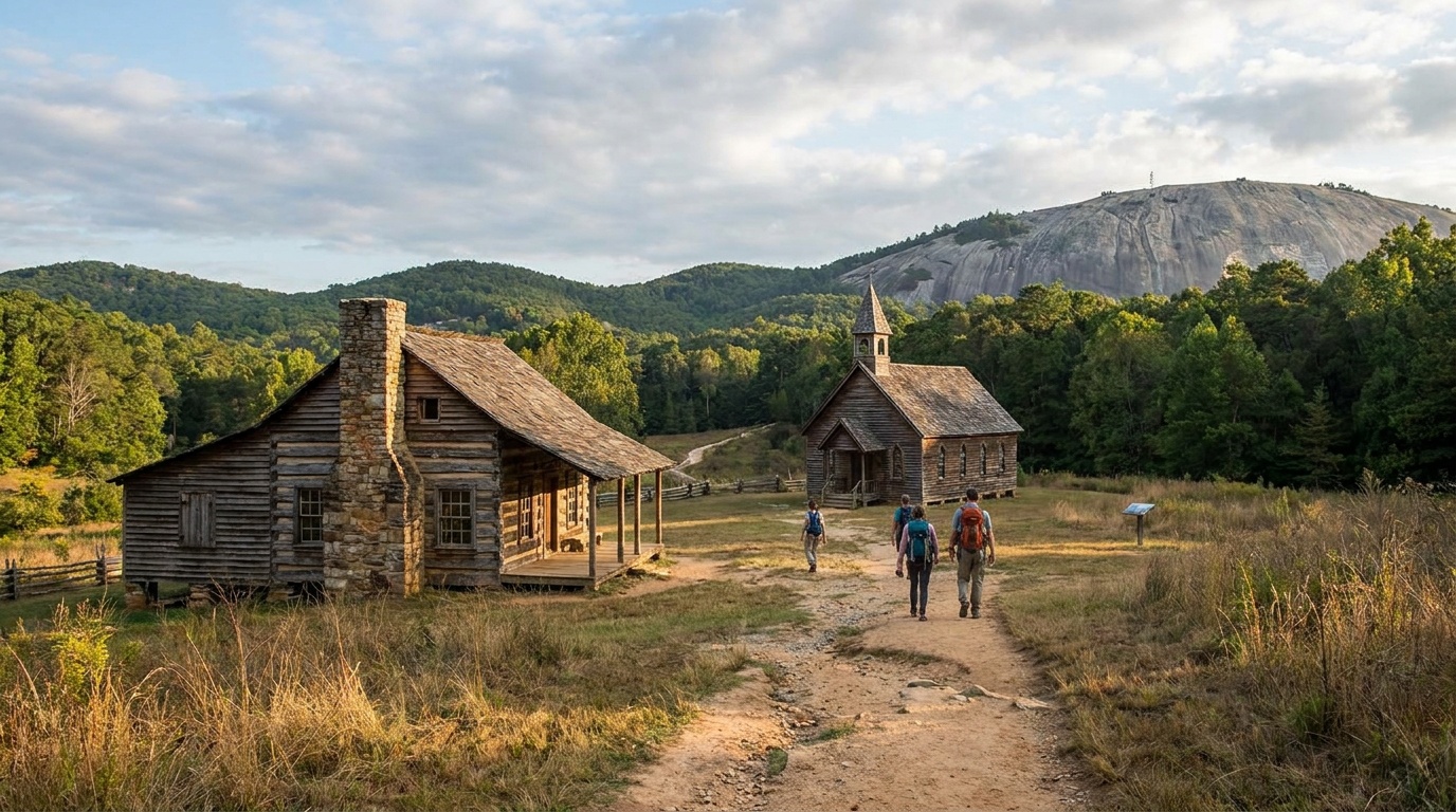 Historic homestead cabin and church along the Stone Mountain Loop Trail