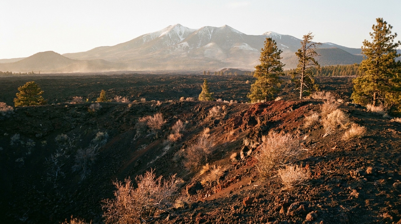 View from Lenox Crater over the dark lava field toward the snow-dusted San Francisco Peaks near Flagstaff, golden hour glow on the cinders