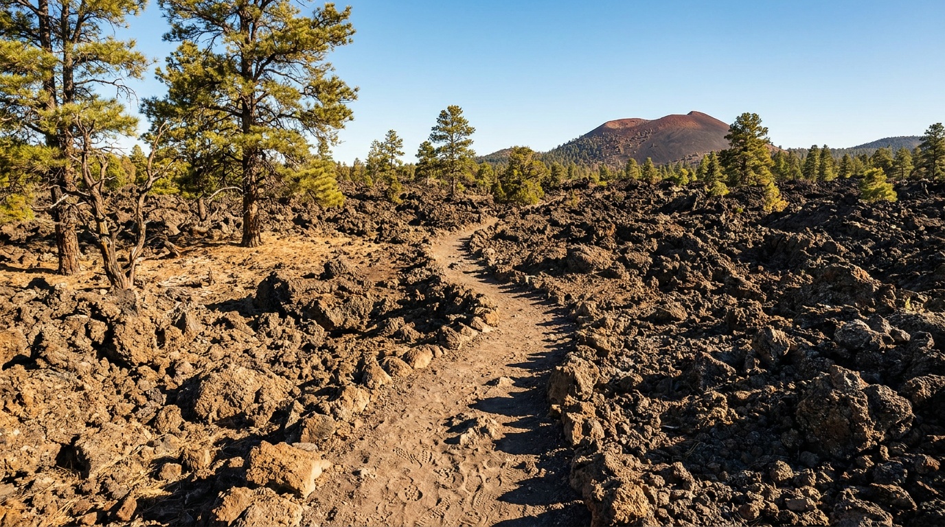 The one-mile Lava Flow Trail winding through jagged black aa lava and squeeze-ups at the base of Sunset Crater, sparse pines, bright high-desert light