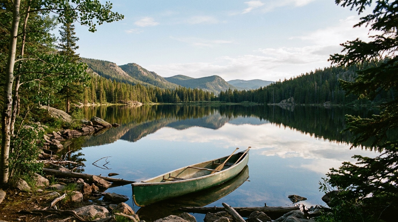 The calm mirror surface of Sylvan Lake reflecting forested mountain slopes and a blue Colorado sky, a canoe on the water, pine and aspen shoreline
