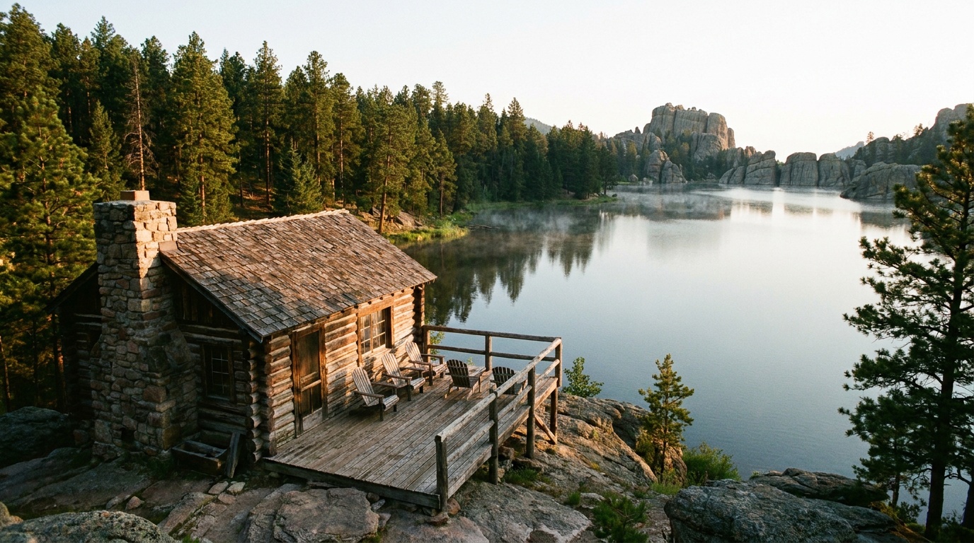 A rustic cabin overlooking Sylvan Lake at golden hour, warm light, pine trees, the quiet mountain lake in front
