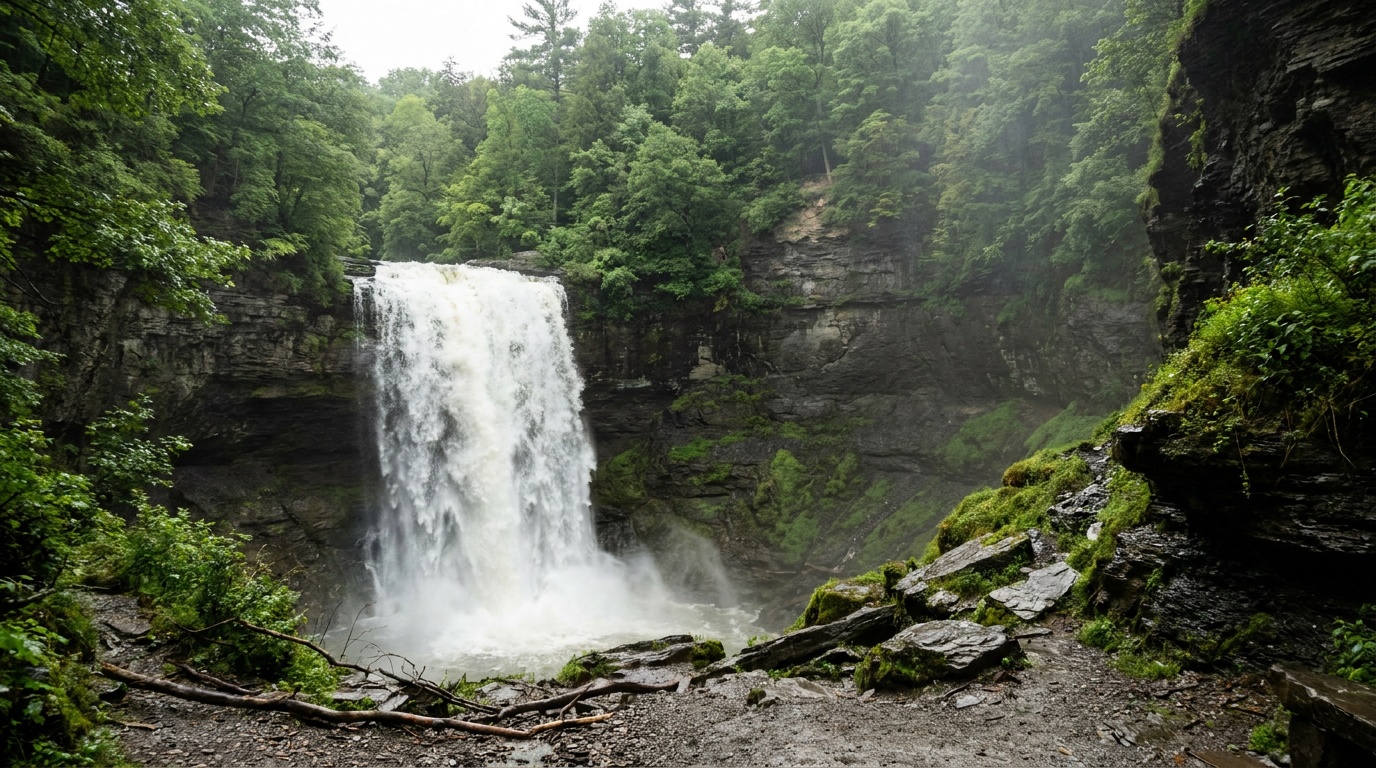 The 215-foot Taughannock Falls plunging into a stone amphitheater gorge in New York's Finger Lakes, powerful spring flow, layered shale cliff walls, lush green trees on the rim, soft misty light, photorealistic landscape photography