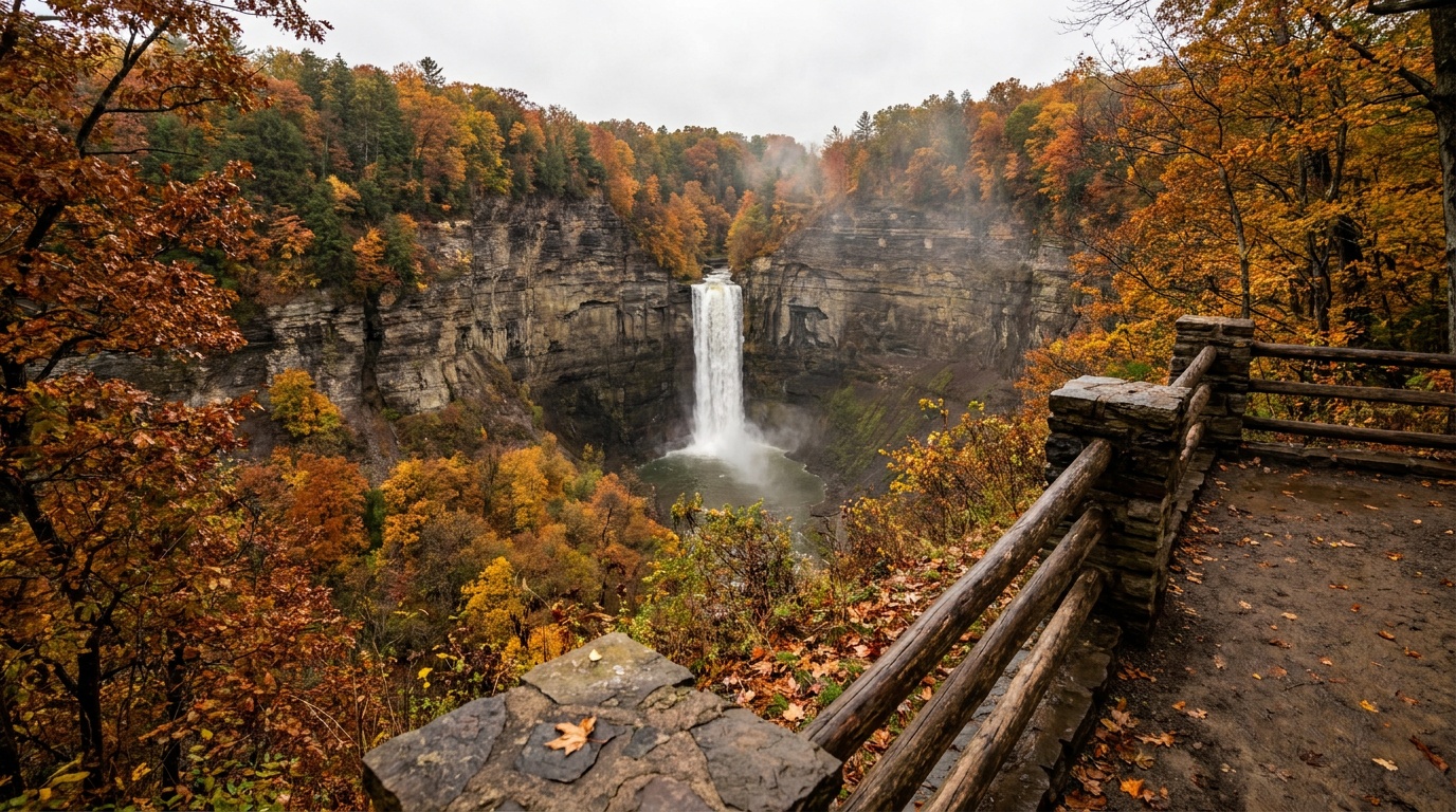 A rim overlook at Taughannock Falls State Park showing the full height of the waterfall and gorge from above in autumn, golden Finger Lakes foliage framing the drop, photorealistic