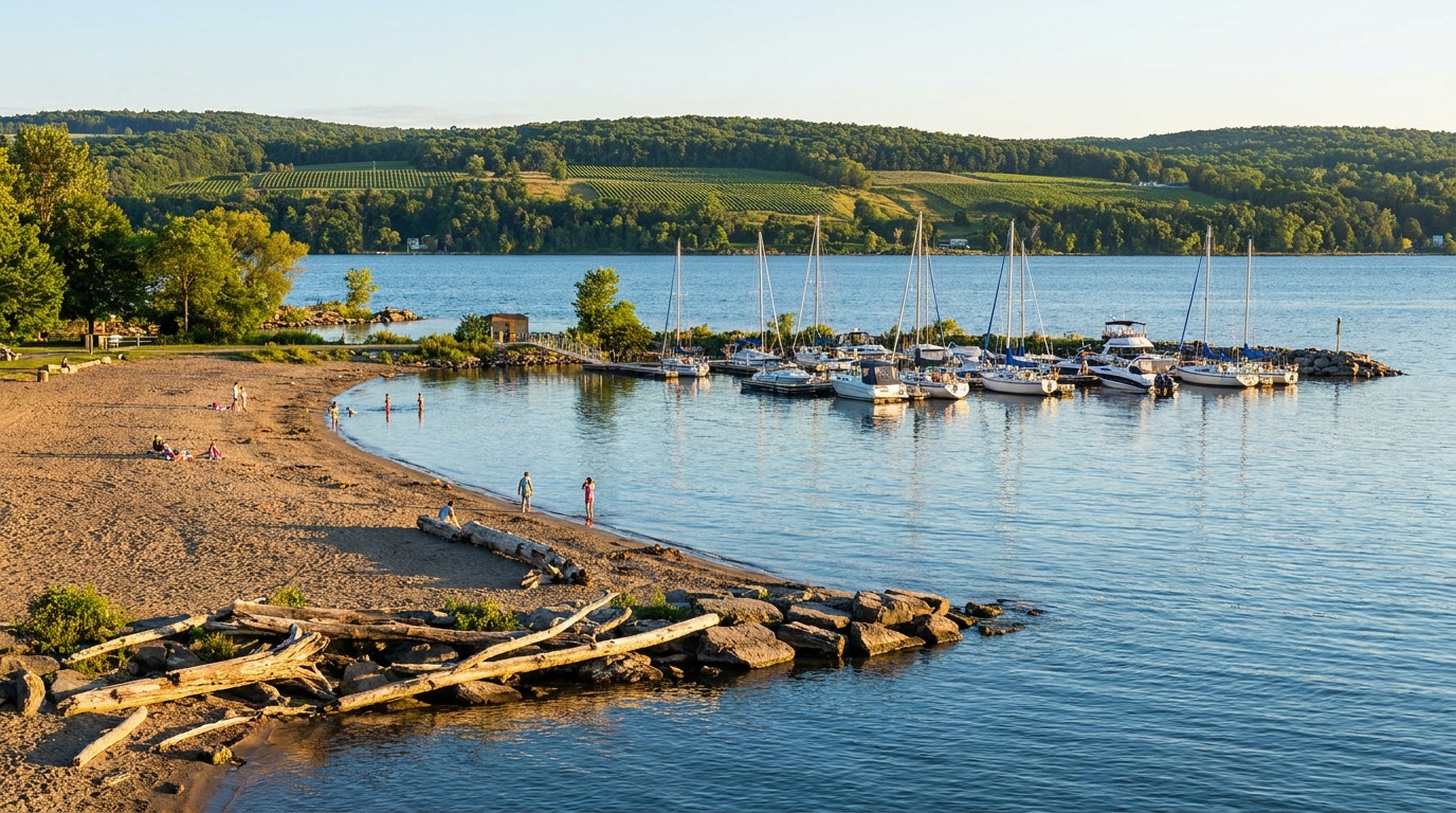 A sandy swimming beach and small marina on Cayuga Lake at Taughannock Falls State Park on a clear summer evening, calm blue water, low golden light, distant vineyard hills, photorealistic