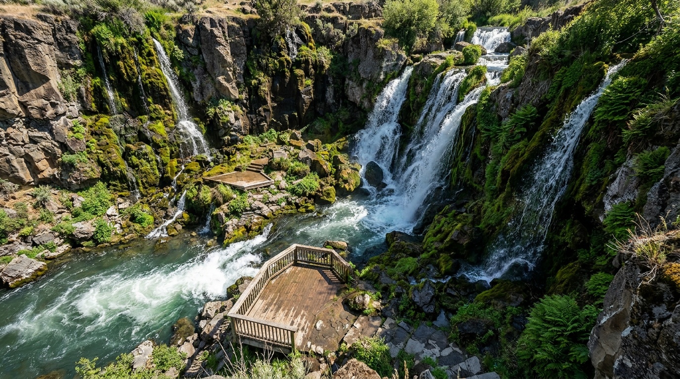 Spring water cascading down dark canyon walls into the Snake River at Niagara Springs, green moss and clear streams, sunny day