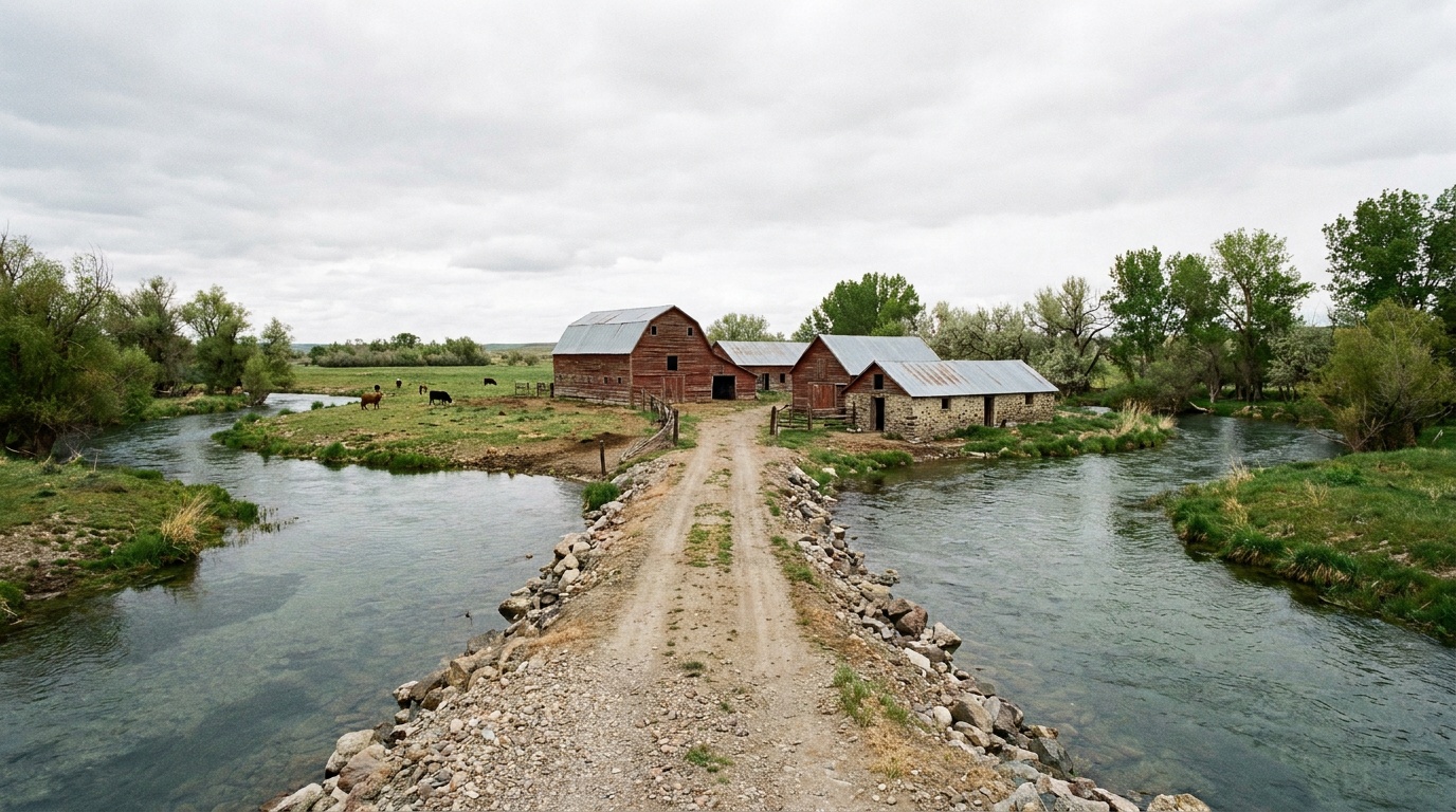 The causeway and historic dairy buildings at Ritter Island surrounded by spring-fed channels of the Snake River, pastoral southern Idaho scene