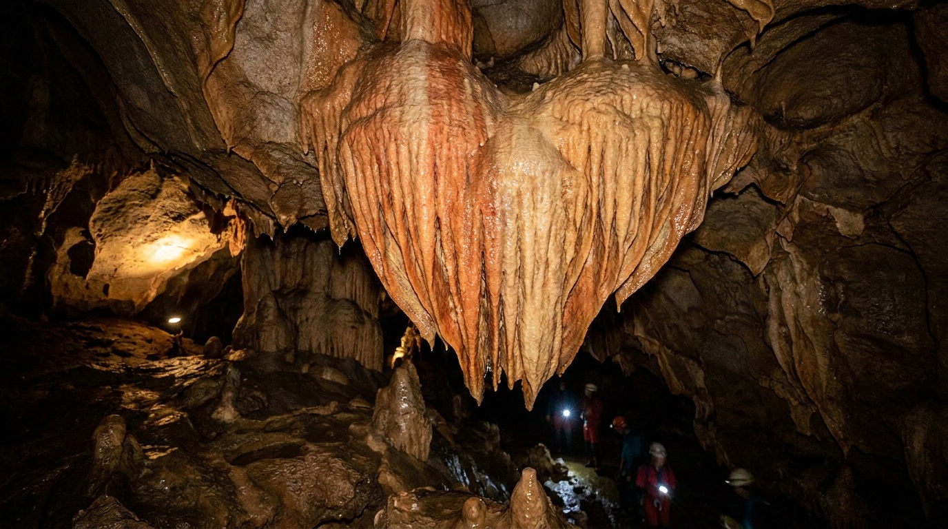The Great Heart of Timpanogos, a vivid red-and-cream cave formation hanging in a dark chamber, dramatic close-up lit by soft tour lighting
