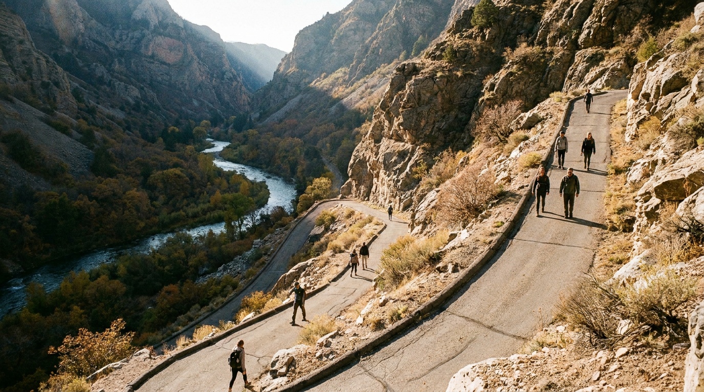 Steep paved switchback Cave Trail climbing the rugged wall of American Fork Canyon, Utah, hikers ascending, sweeping canyon and river below in morning light