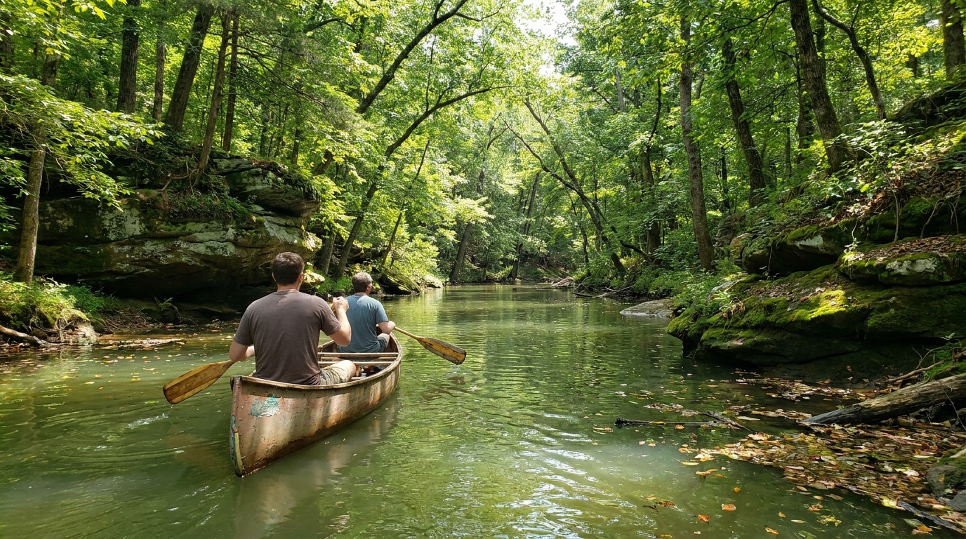 A canoe drifting down Bear Creek between rocky banks and overhanging hardwoods at Tishomingo State Park, calm green water, summer