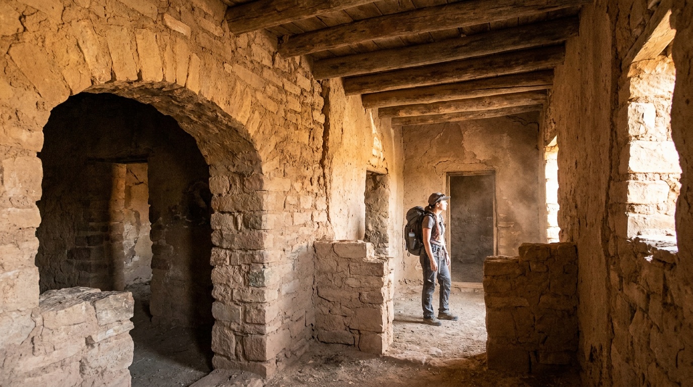 Interior stone-and-mud walls and doorways of the 700-year-old Salado cliff dwelling rooms