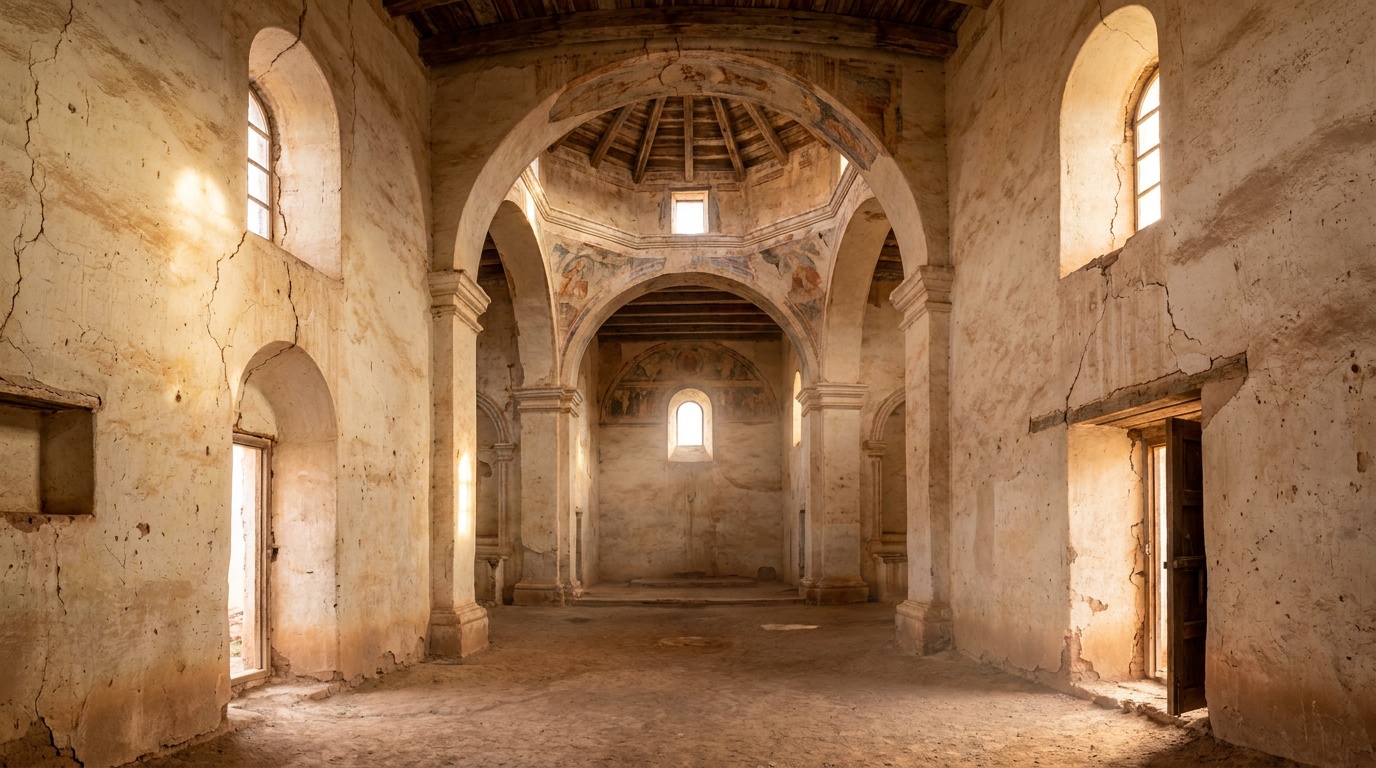 Interior of the unfinished Tumacacori mission church showing faded plaster, the domed sanctuary, and shafts of soft light across worn adobe walls