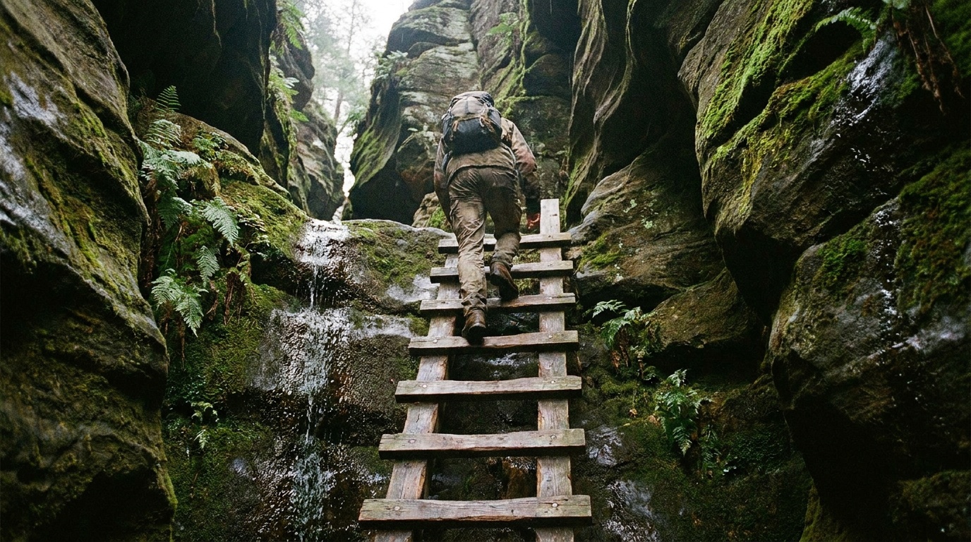 A wooden ladder bolted into a tight wet sandstone gorge on Trail 3, a hiker climbing up between mossy canyon walls.