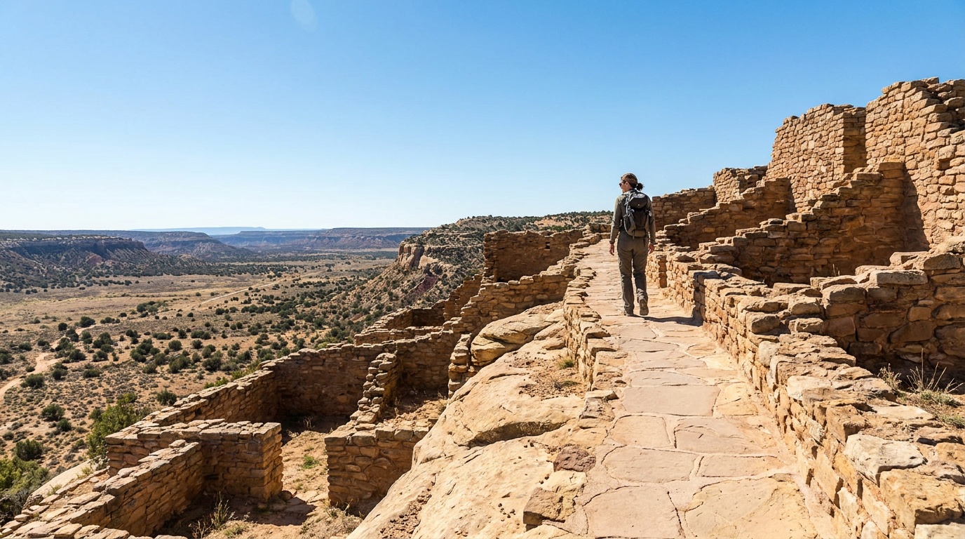 A visitor on the short paved loop trail climbing through the Sinagua pueblo ruins to the tower, 360-degree valley views, blue sky