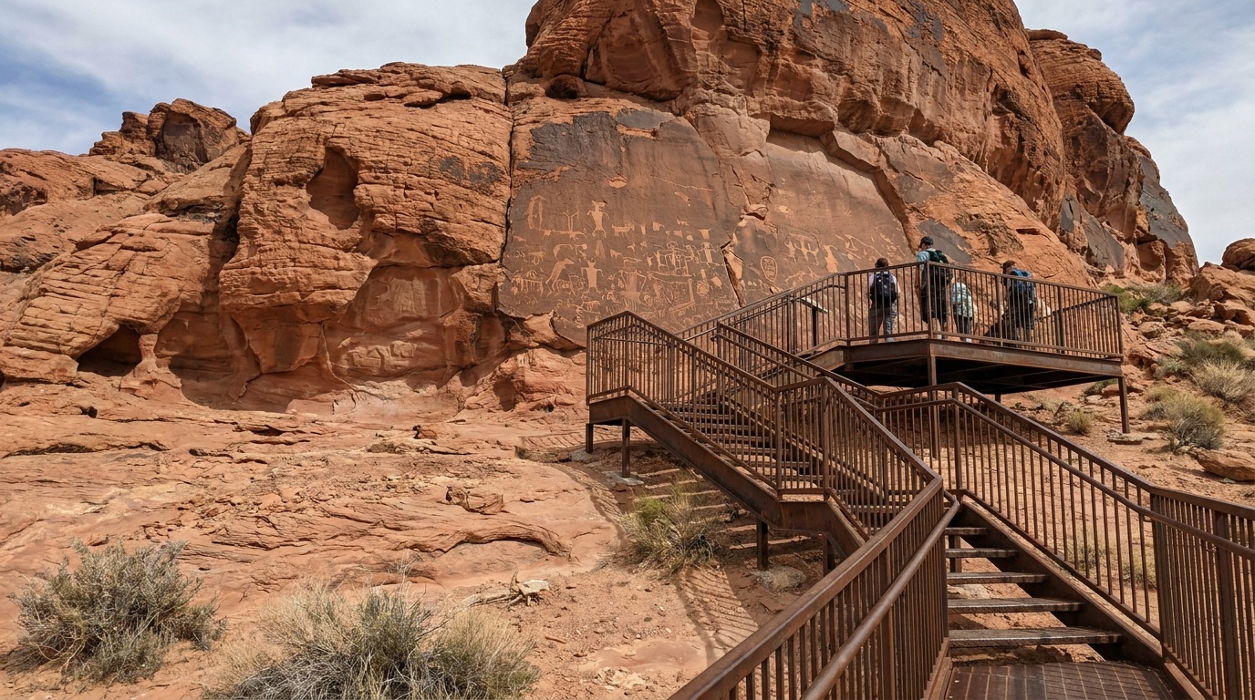 Petroglyph panel at Atlatl Rock with the steel viewing stairs