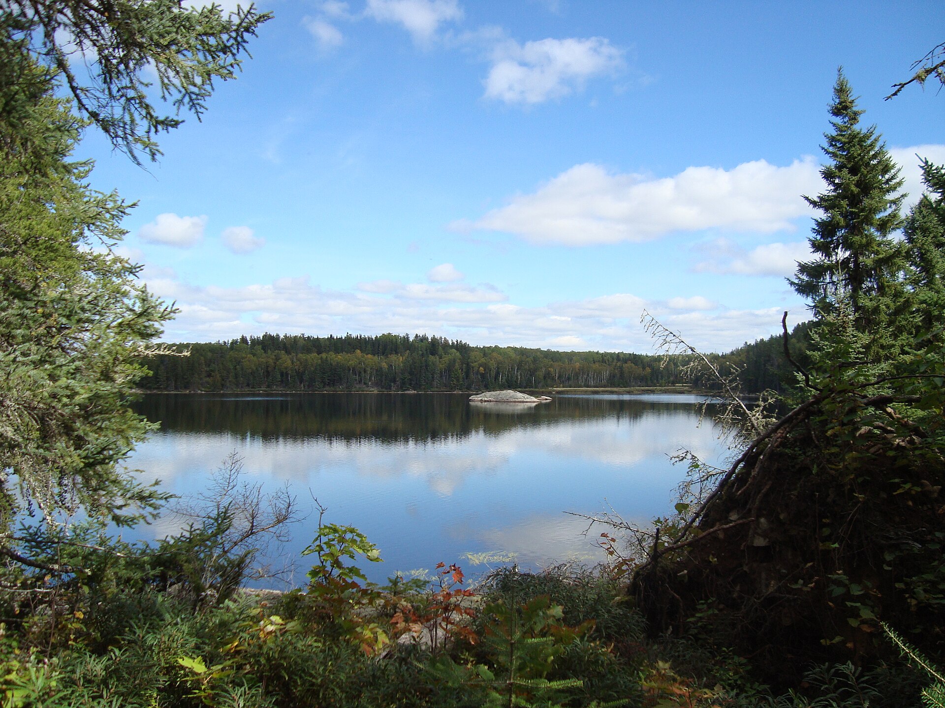A quiet Voyageurs shoreline with forest and still lake water