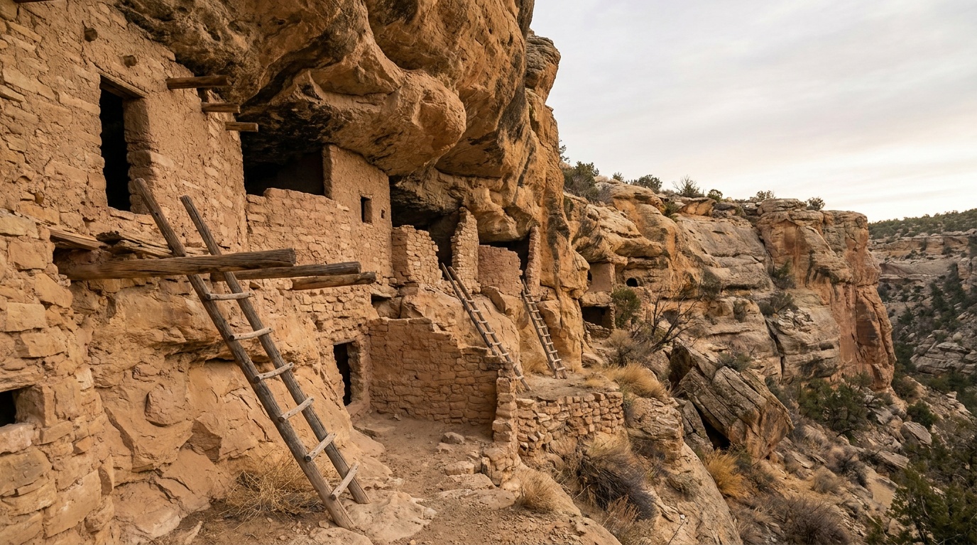 Ancient cliff-dwelling rooms built into the limestone ledges of the canyon