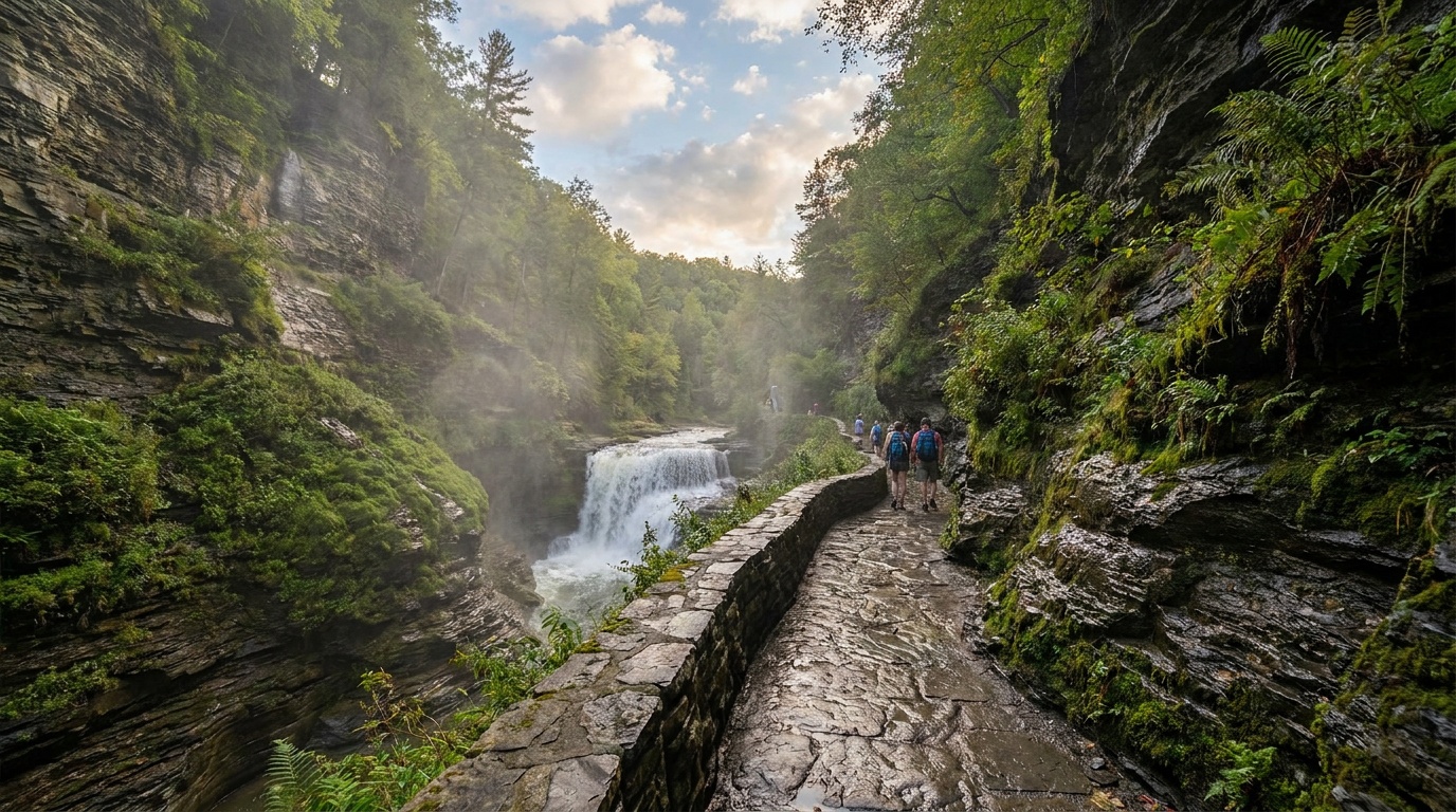 Rainbow Falls and the stone Gorge Trail walkway at Watkins Glen
