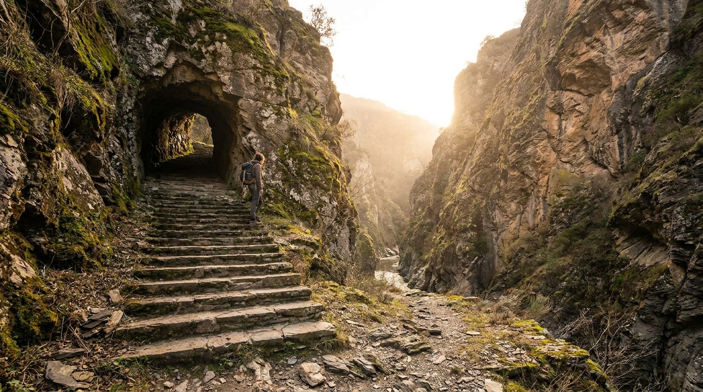 Stone steps and spiral tunnel cut into the gorge cliffs