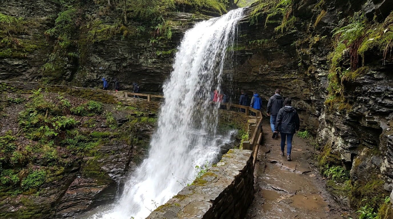Cavern Cascade with the trail passing behind the waterfall