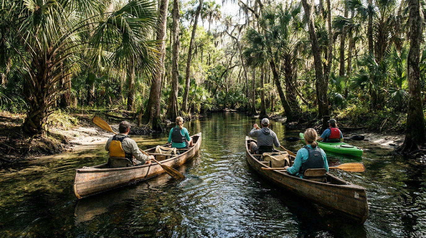 Canoes or kayaks on the Wekiva River through tropical hammock