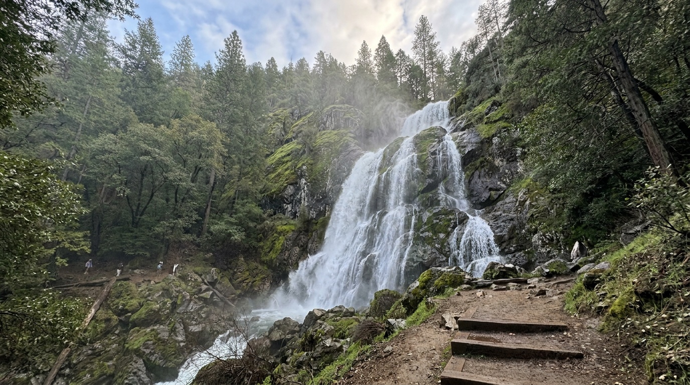Whiskeytown Falls, the 220-foot waterfall, cascading down a forested rock face