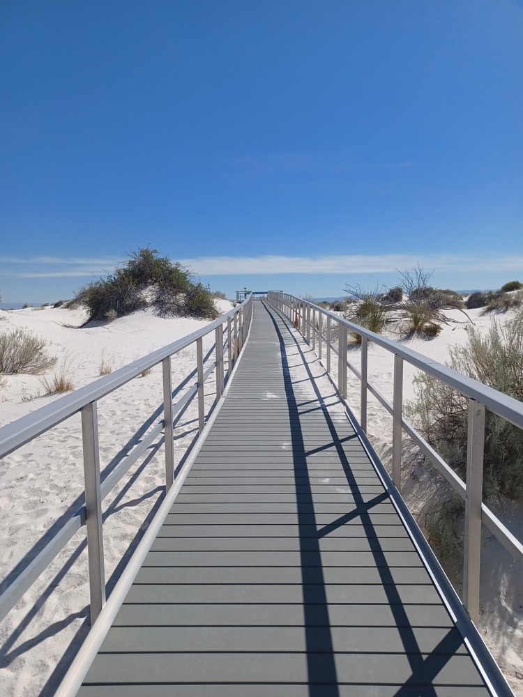 The Interdune Boardwalk crossing low dunes and desert plants