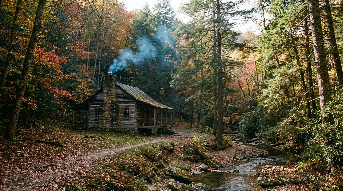 A rustic log cabin tucked among tall hemlocks and hardwoods in the narrow valley of Worlds End State Park, woodsmoke and autumn leaves, cozy mountain atmosphere