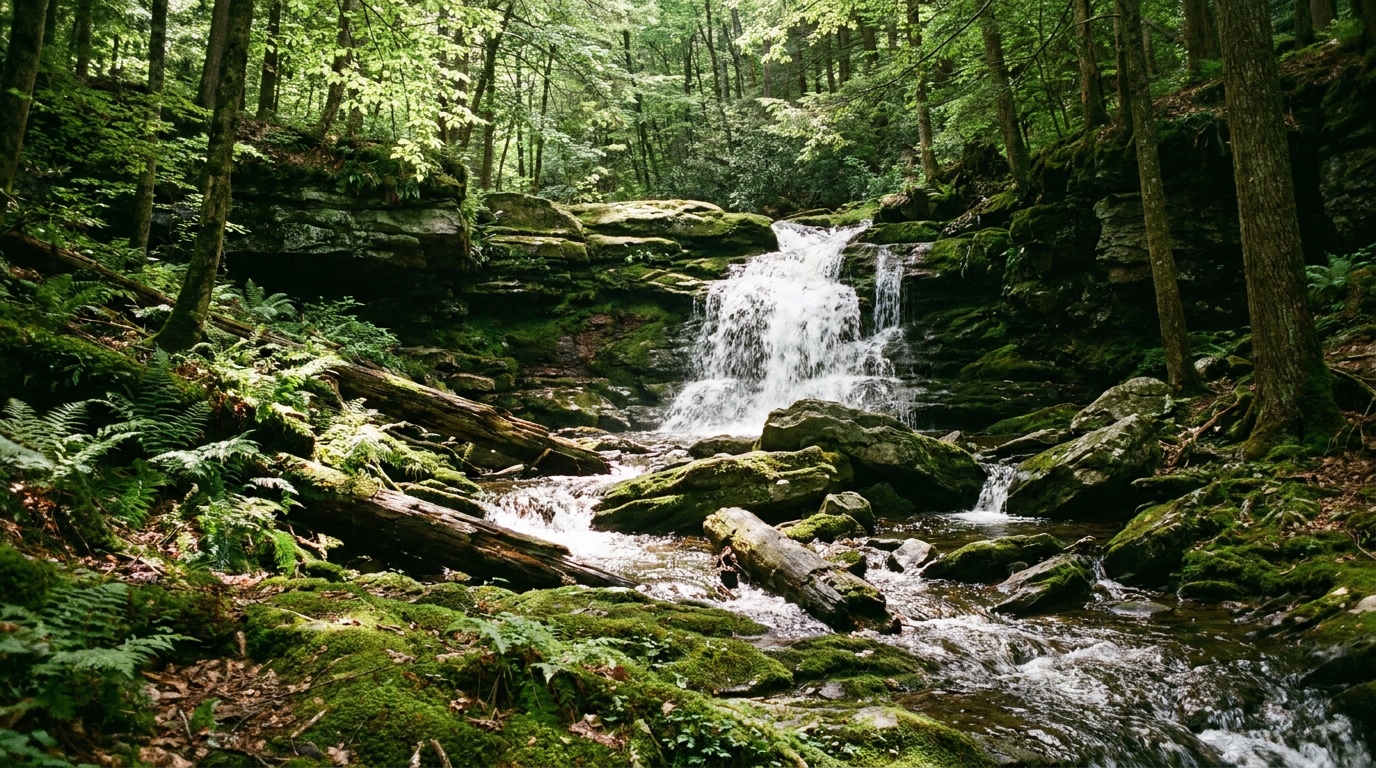 A cascading waterfall on a rocky creek in the deep forest near Worlds End State Park, mossy boulders and ferns, dappled green light, Loyalsock State Forest