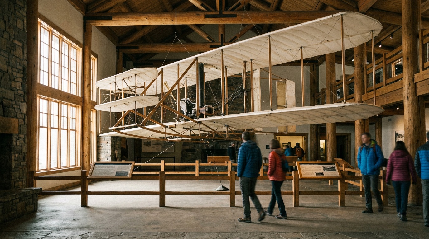 A reproduction of the 1903 Wright Flyer biplane on display inside the visitor center