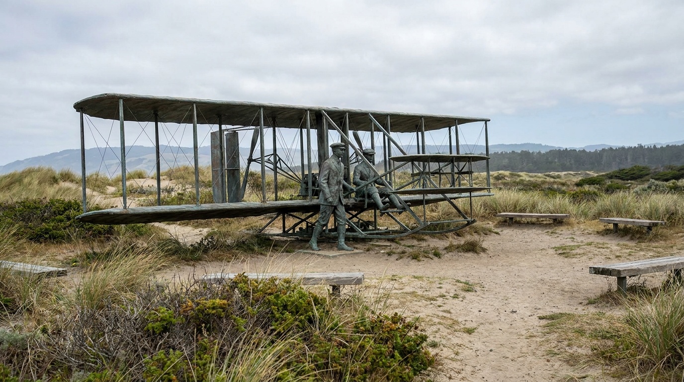 Bronze sculpture of the first flight with figures and the Flyer on the memorial grounds