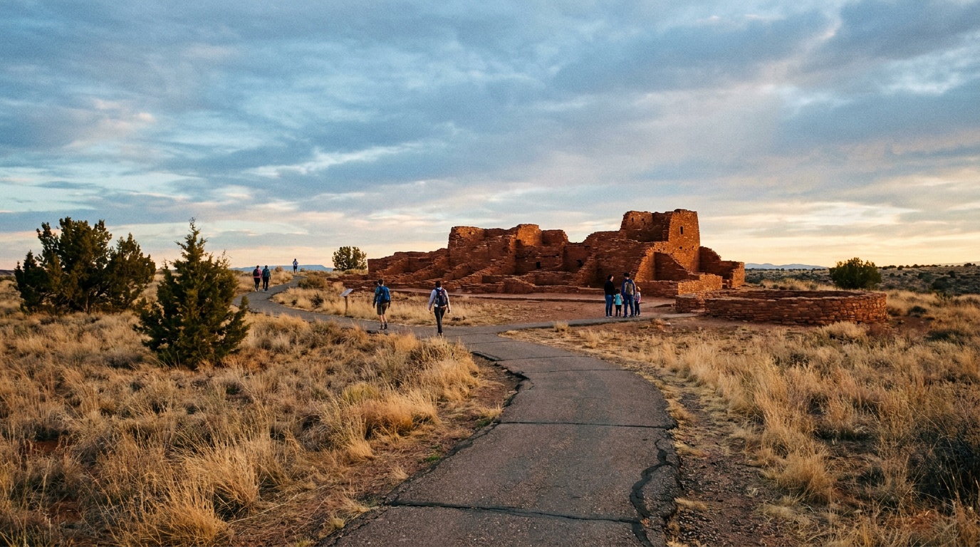 The paved Wupatki Pueblo loop trail winding past the large red pueblo and ballcourt, golden grassland, big sky, a few visitors for scale