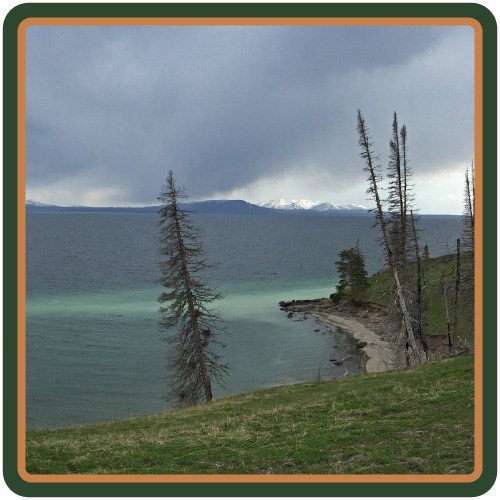 Yellowstone Lake shore with mountains in the distance