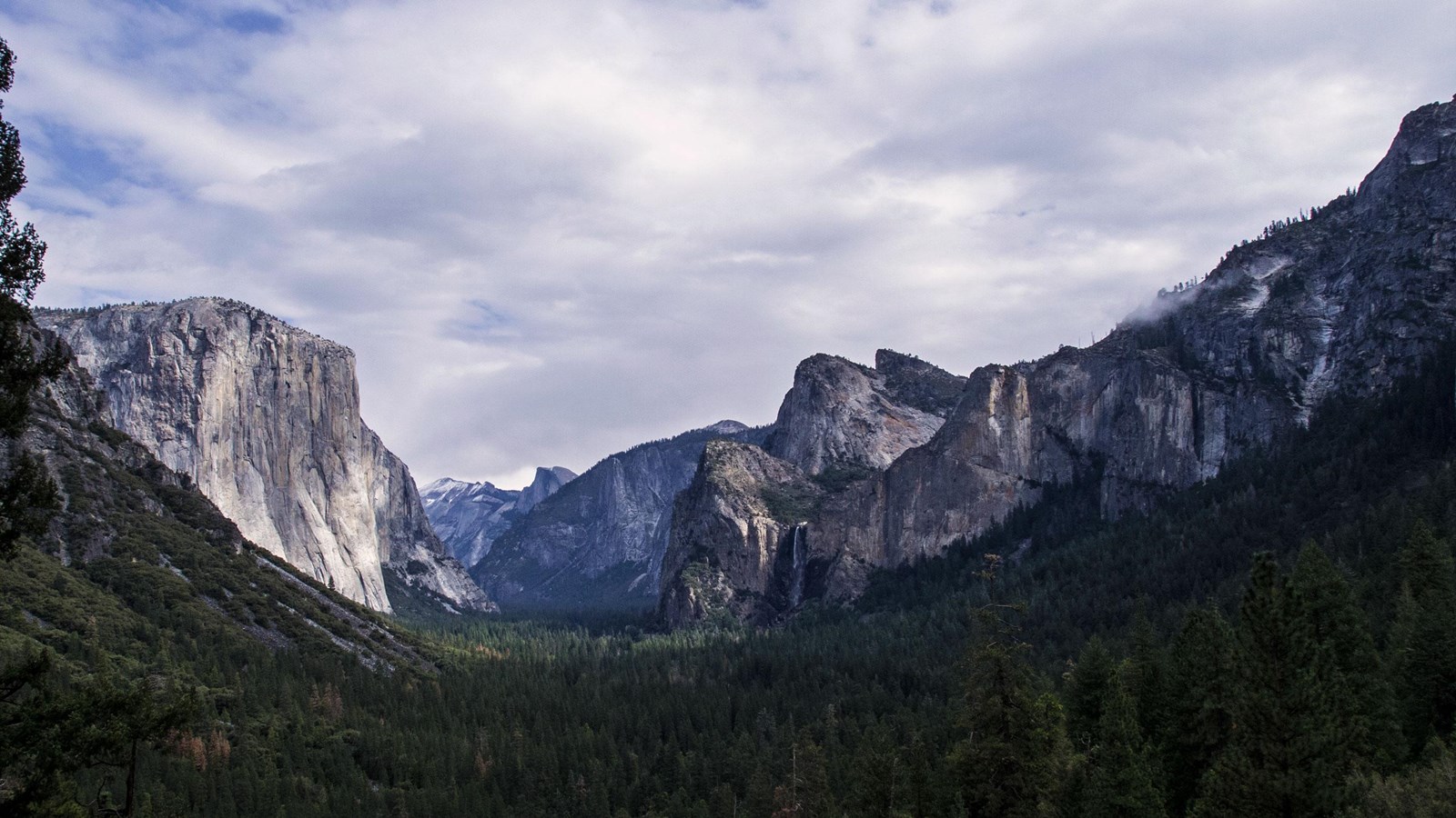 Yosemite Valley seen from Tunnel View with El Capitan, Bridalveil Fall, and Half Dome in the distance